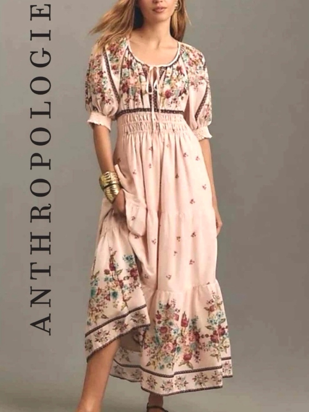Anthropologie Blush Floral Sommerset Boho Maxi Dress 2-4
